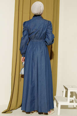 Yarım Düğmeli Yan Bağlamalı Kot Elbise Mavi - Elbise