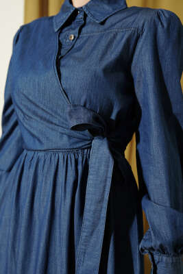 Yarım Düğmeli Yan Bağlamalı Kot Elbise Mavi - Elbise