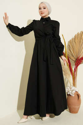 Yarım Düğmeli Yan Bağlamalı Kot Elbise Siyah - BERAT TEKSTİL