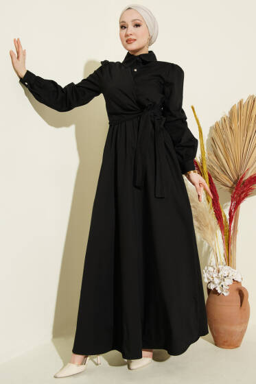 Yarım Düğmeli Yan Bağlamalı Kot Elbise Siyah - Elbise