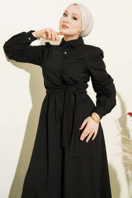 Yarım Düğmeli Yan Bağlamalı Kot Elbise Siyah - Elbise