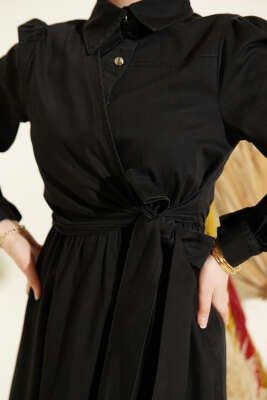 Yarım Düğmeli Yan Bağlamalı Kot Elbise Siyah - Elbise