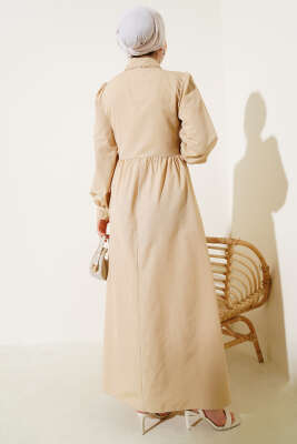 Yarım Düğmeli Yandan Bağlamalı Elbise Bej - Tesettür Elbise