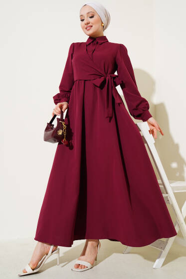 Yarım Düğmeli Yandan Bağlamalı Elbise Bordo - Elbise