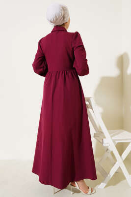 Yarım Düğmeli Yandan Bağlamalı Elbise Bordo - Tesettür Elbise