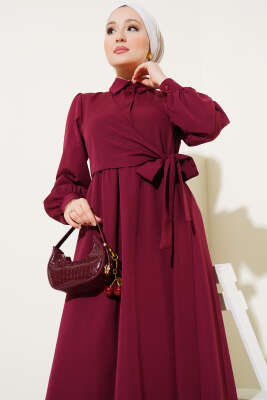 Yarım Düğmeli Yandan Bağlamalı Elbise Bordo - Tesettür Elbise