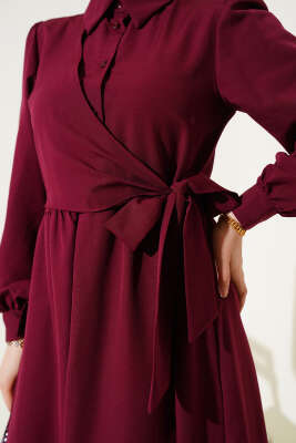 Yarım Düğmeli Yandan Bağlamalı Elbise Bordo - Tesettür Elbise