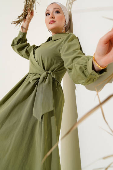 Yarım Düğmeli Yandan Bağlamalı Elbise Haki - Elbise