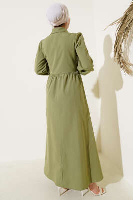 Yarım Düğmeli Yandan Bağlamalı Elbise Haki - Tesettür Elbise