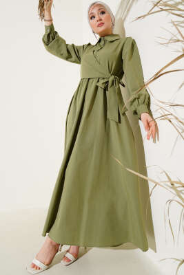 Yarım Düğmeli Yandan Bağlamalı Elbise Haki - Tesettür Elbise