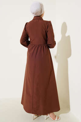Yarım Düğmeli Yandan Bağlamalı Elbise Kahve - Tesettür Elbise