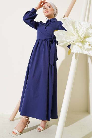 Yarım Düğmeli Yandan Bağlamalı Elbise Lacivert - Elbise