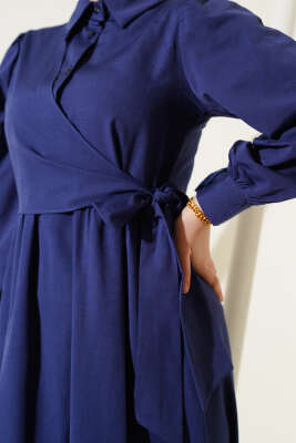 Yarım Düğmeli Yandan Bağlamalı Elbise Lacivert - Tesettür Elbise