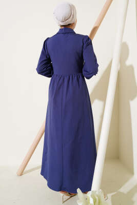 Yarım Düğmeli Yandan Bağlamalı Elbise Lacivert - Tesettür Elbise