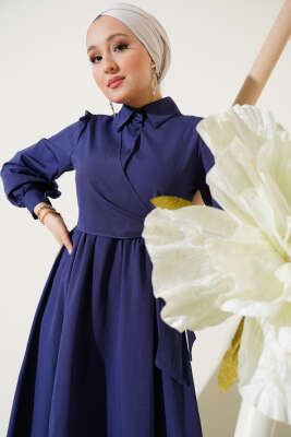Yarım Düğmeli Yandan Bağlamalı Elbise Lacivert - Tesettür Elbise