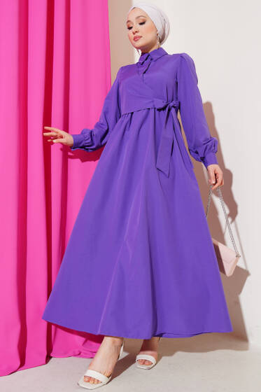 Yarım Düğmeli Yandan Bağlamalı Elbise Mor - Tesettür Elbise