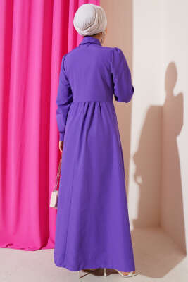 Yarım Düğmeli Yandan Bağlamalı Elbise Mor - Tesettür Elbise
