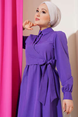 Yarım Düğmeli Yandan Bağlamalı Elbise Mor - Tesettür Elbise