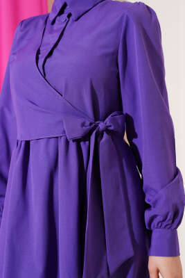Yarım Düğmeli Yandan Bağlamalı Elbise Mor - Tesettür Elbise