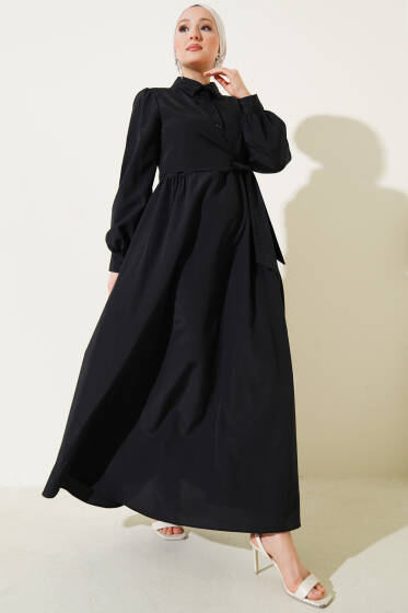 Yarım Düğmeli Yandan Bağlamalı Elbise Siyah - Elbise