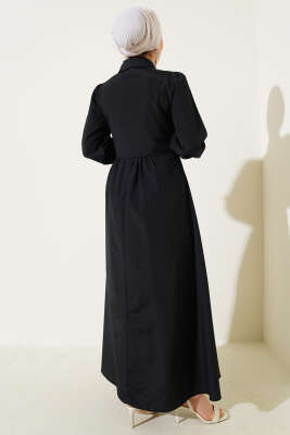 Yarım Düğmeli Yandan Bağlamalı Elbise Siyah - Tesettür Elbise