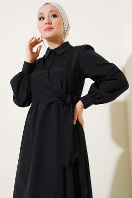 Yarım Düğmeli Yandan Bağlamalı Elbise Siyah - Tesettür Elbise