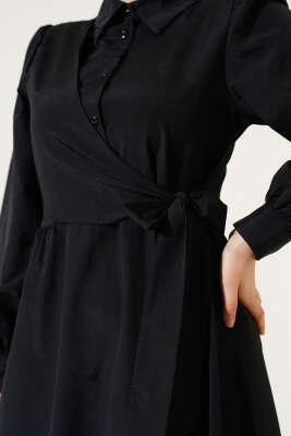 Yarım Düğmeli Yandan Bağlamalı Elbise Siyah - Tesettür Elbise