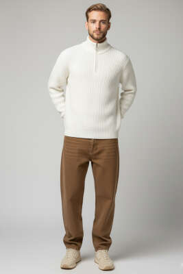 Yarım Fermuar Boğazlı Kazak Ekru - Erkek Kazak