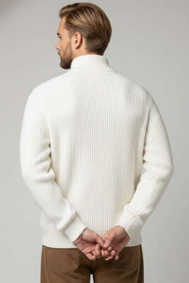 Yarım Fermuar Boğazlı Kazak Ekru - Erkek Kazak