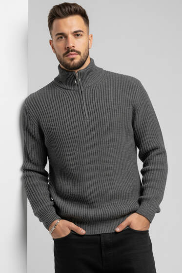 Yarım Fermuar Boğazlı Kazak Füme - Erkek Kazak