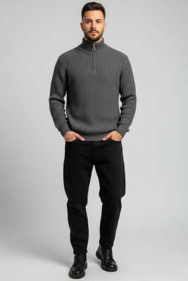 Yarım Fermuar Boğazlı Kazak Füme - Erkek Kazak