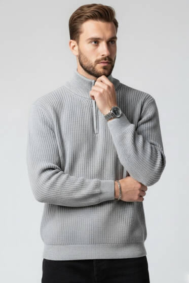 Yarım Fermuar Boğazlı Kazak Gri - Erkek Kazak