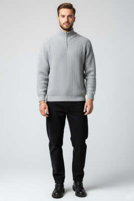 Yarım Fermuar Boğazlı Kazak Gri - Erkek Kazak