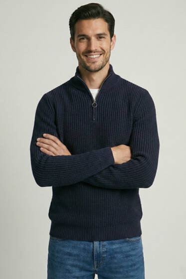 Yarım Fermuar Boğazlı Kazak Lacivert - Erkek Kazak