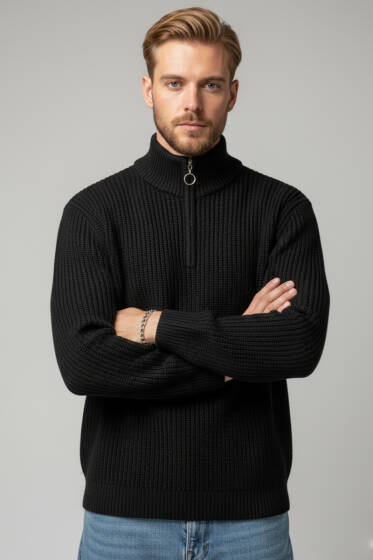 Yarım Fermuar Boğazlı Kazak Siyah - Erkek Kazak