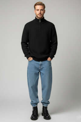 Yarım Fermuar Boğazlı Kazak Siyah - Erkek Kazak