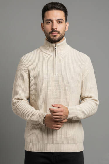 Yarım Fermuar Boğazlı Kazak Taş - Erkek Kazak