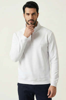 Yarım Fermuar Dik Yaka Erkek Sweatshirt Beyaz - DEEP POİNT