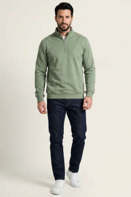 Yarım Fermuar Dik Yaka Erkek Sweatshirt Haki - Erkek Sweatshirt
