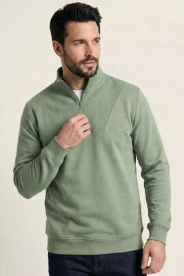 Yarım Fermuar Dik Yaka Erkek Sweatshirt Haki - DEEP POİNT