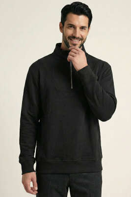 Yarım Fermuar Dik Yaka Erkek Sweatshirt Siyah - DEEP POİNT
