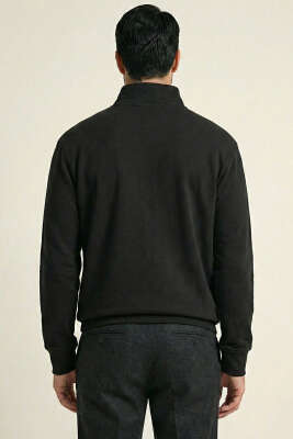Yarım Fermuar Dik Yaka Erkek Sweatshirt Siyah - Erkek Sweatshirt