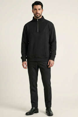 Yarım Fermuar Dik Yaka Erkek Sweatshirt Siyah - Erkek Sweatshirt