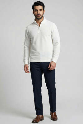 Yarım Fermuar Fitilli Erkek Sweatshirt Beyaz - Erkek Sweatshirt
