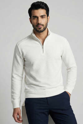 Yarım Fermuar Fitilli Erkek Sweatshirt Beyaz - DEEP POİNT