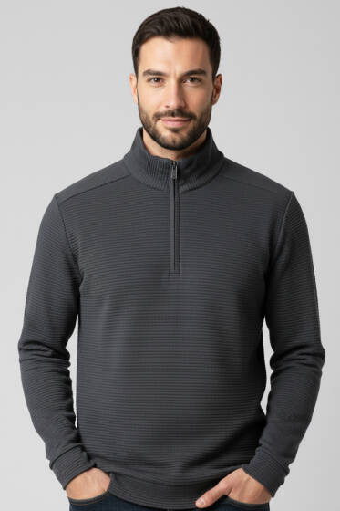 Yarım Fermuar Fitilli Erkek Sweatshirt Füme - Erkek Sweatshirt