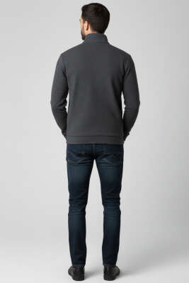 Yarım Fermuar Fitilli Erkek Sweatshirt Füme - Erkek Sweatshirt