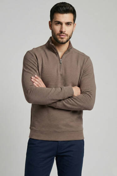 Yarım Fermuar Fitilli Erkek Sweatshirt Kül - Erkek Sweatshirt