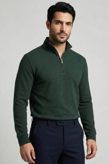 Yarım Fermuar Fitilli Erkek Sweatshirt Nefti - Erkek Sweatshirt