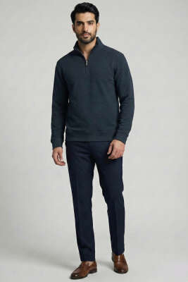 Yarım Fermuar Fitilli Erkek Sweatshirt Petrol - Erkek Sweatshirt